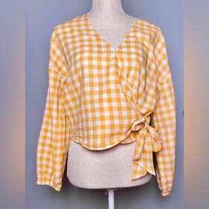 Madewell Long-Sleeve Sash-Tie Wrap Top in Yellow Gingham Check, Med